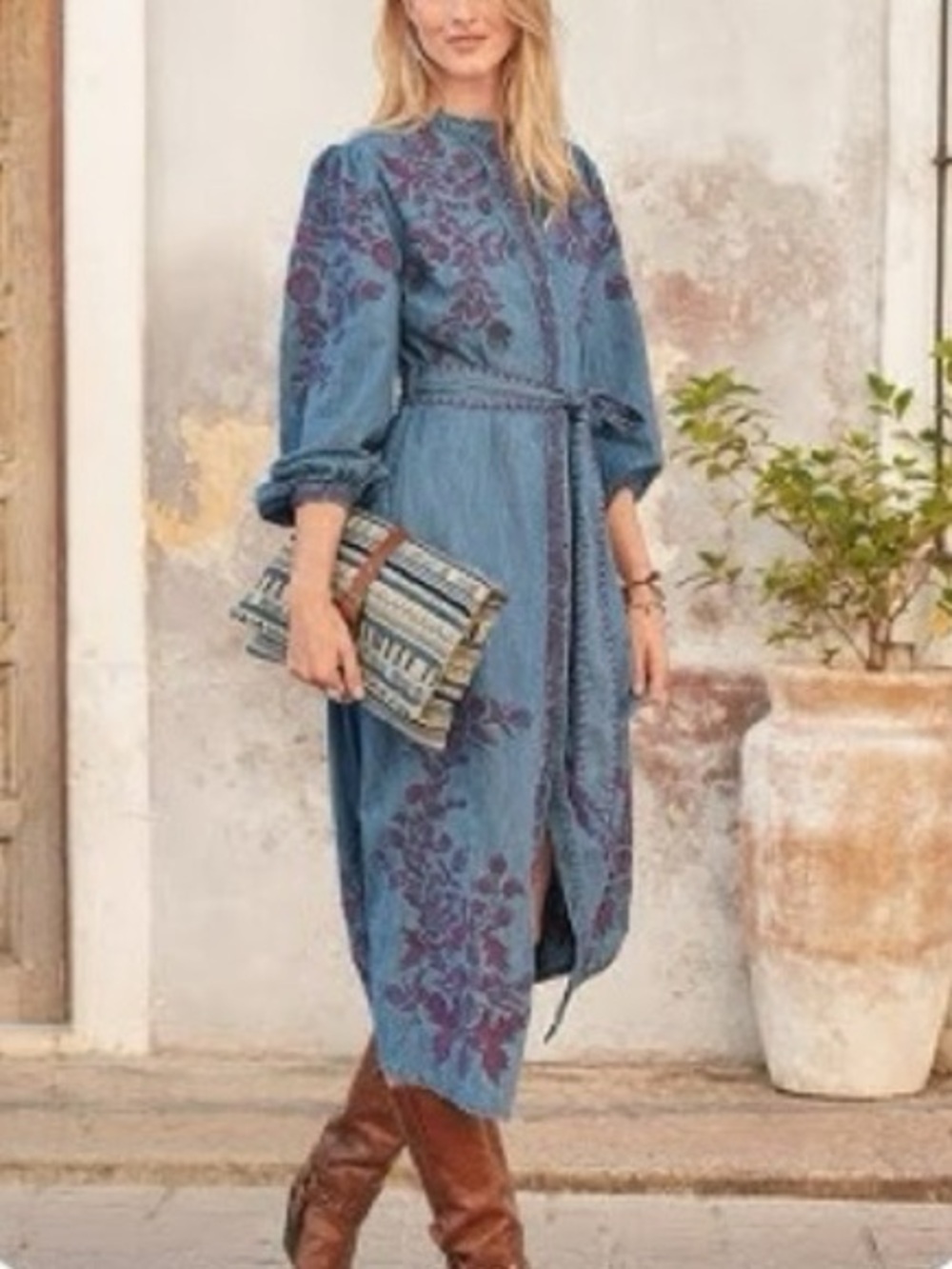 Sundance Jenny Mae denim maxi dress. Intricate purple floral embroidery NWT